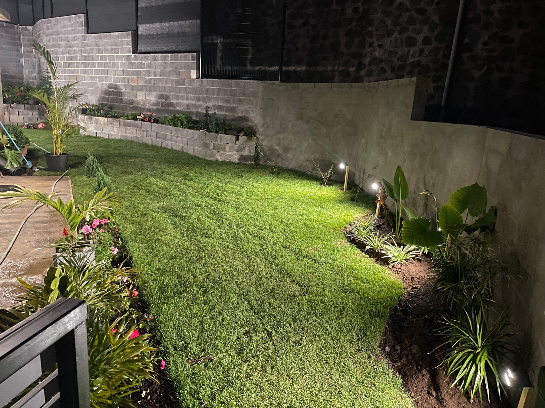 Pelouse et massifs éclairés de nuit après l'aménagement du jardin