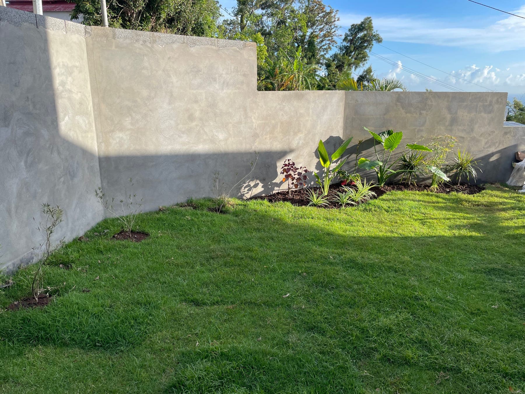 Après travaux : mur de soutènement enduit et pelouse posée